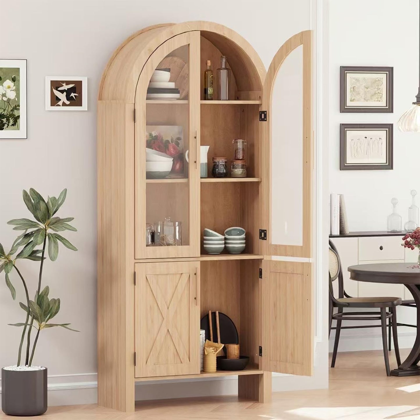 GarveeHome 60" Tall Arched Kitchen Pantry, Wood Storage Cabinet with Adjustable Shelf, 4 Large Drawers Kitchen Pantry Cabinet Versatile Cupboard for Entryway, Kitchen, Living Room