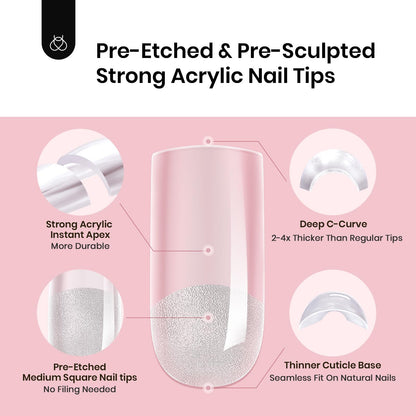 Beetles Tipex Instant Apex Nail Tips Kit, Coffin Long 224Pcs 16 Sizes Pre-Building & Pre-Etched Thicker Acrylic Nails False Nail Extension with Tipex Nail Glue Mini Nail Lamp