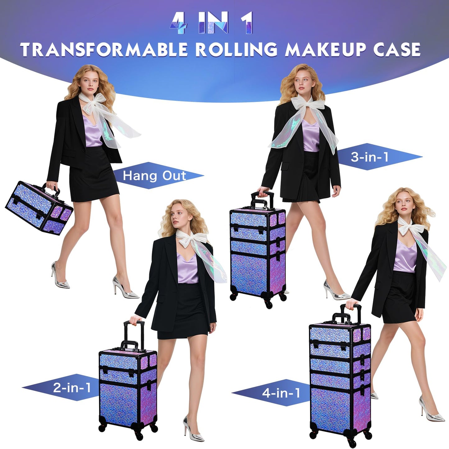 Stagiant Rolling Makeup Case Cosmetology Case on Wheels 4 in 1 Makeup Travel Case Extra Large Cosmetic Box with Key Make Up Artist Traveling Storage Nail Case Salon Barber Cart Trunk Shiny Purple