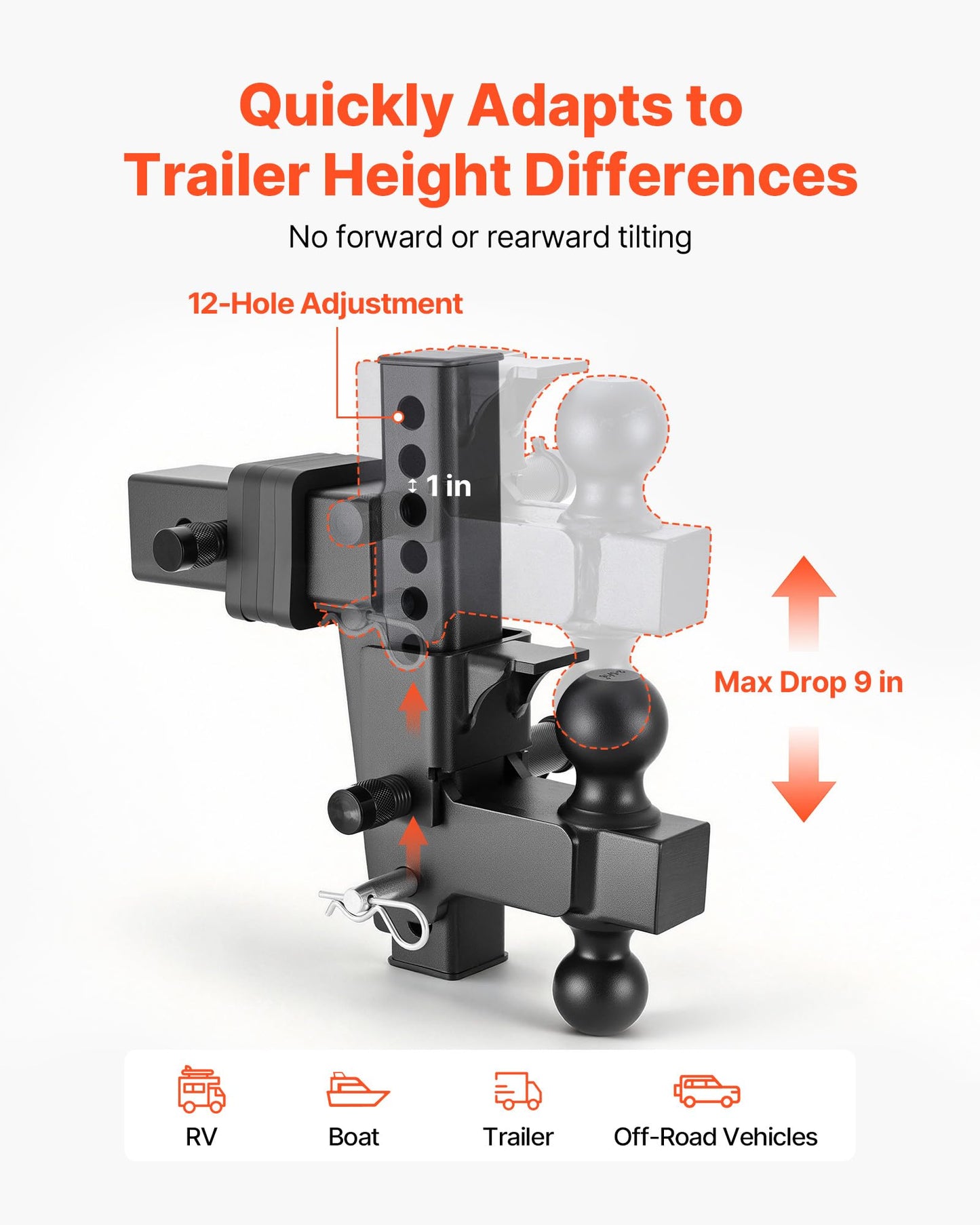 VEVOR Adjustable Trailer Hitch, Fit 2.5 Inch Receiver, Trailer Hitch Mount with 2 Inch & 2-5/16 Inch Balls, 21000 lbs GTW, 9 Inch Drop, Towing Ball Mounts for RVs, Off-Road Vehicles and Trucks, Black