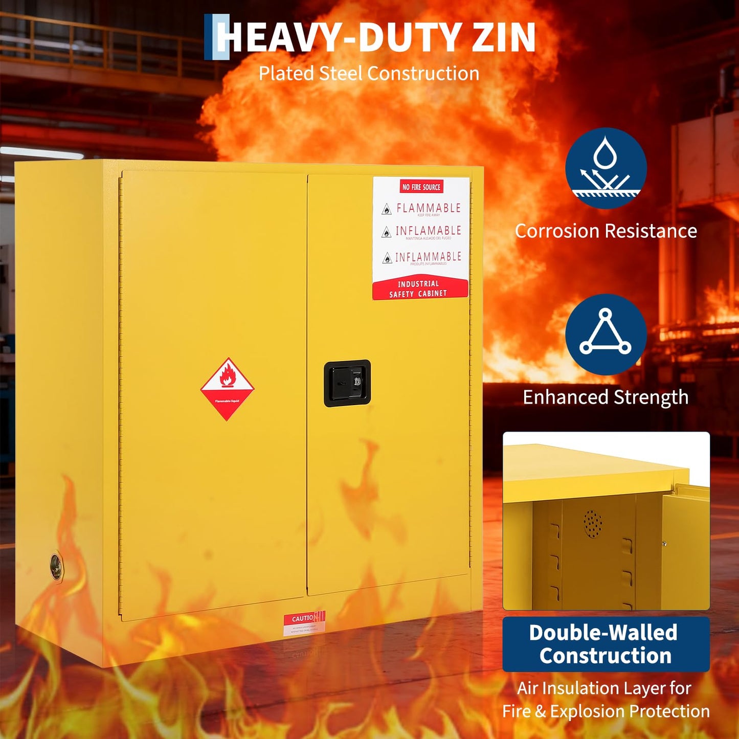 Hazardous Storage Flammable Cabinets, Fire Resistant Safety Cabinet for Flammable Liquids | Cold-Rolled Steel Construction w/Spill Containment Tray, Ventilation Holes & Grounding | Adjustable Shelf