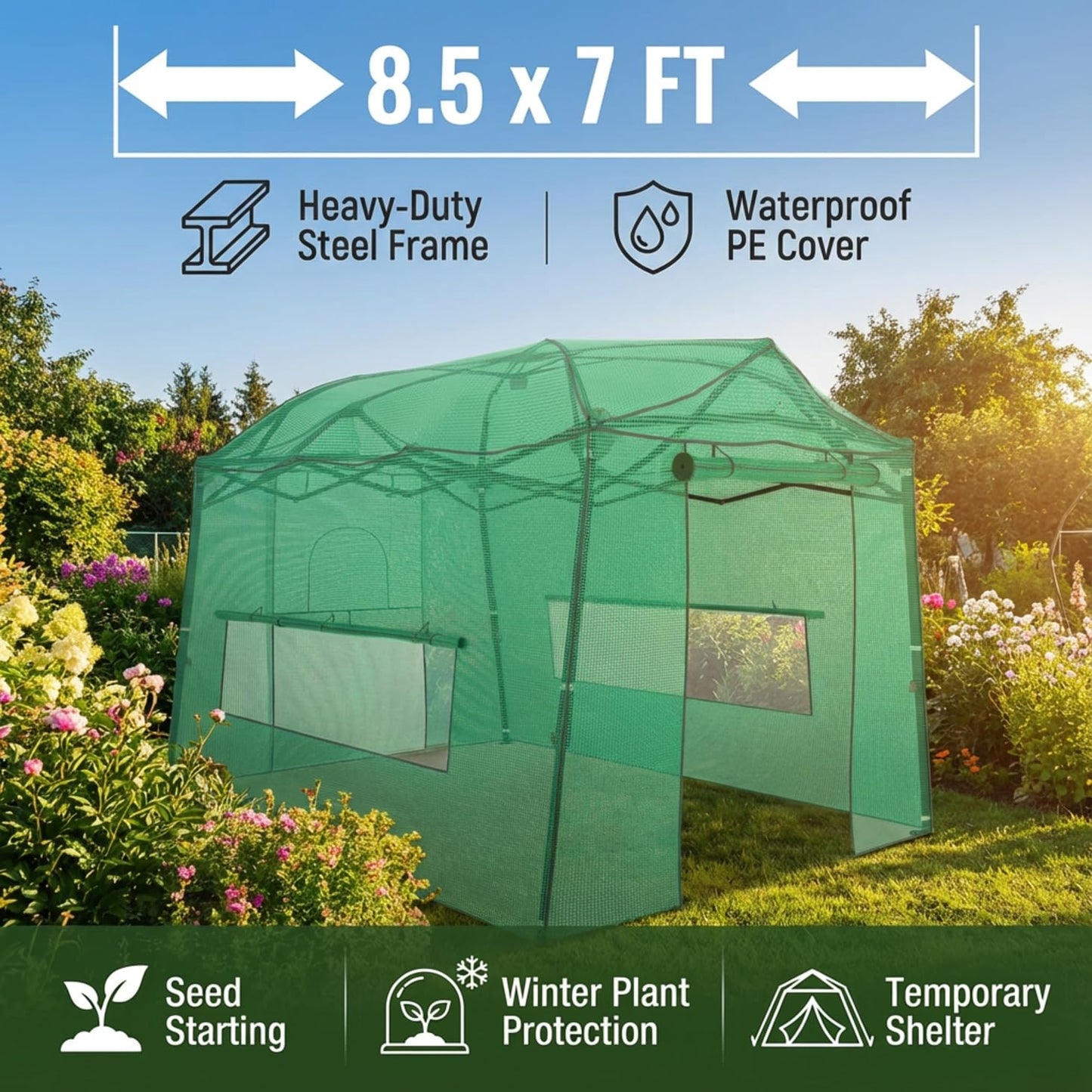 8.5 x 7 ft Pop-up Greenhouse, Walk-in Green House for Indoor Outdoor, Plant Garden Green House with Zippered Doors, Screen Windows, Heavy Duty Frame and Weather-Resistant Durable PE Cover