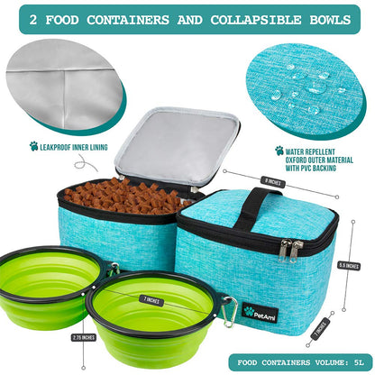 PetAmi Travel Bag Organizer - Dog & Cat Diaper Bag with Food Container and Bowls, Perfect for Weekend Camping (Sea Blue, Large)