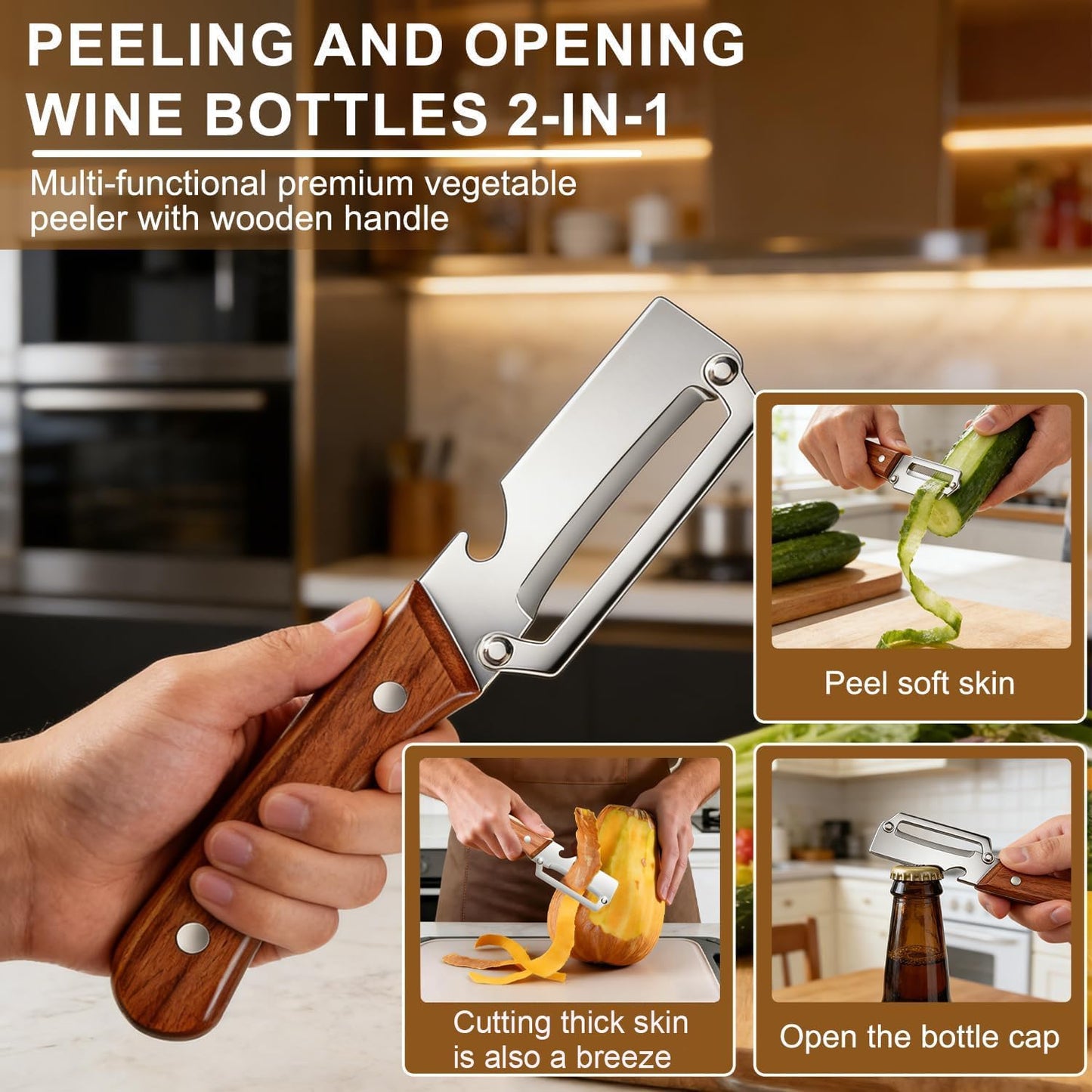 Skiennix Multi-Functional Vegetable Peeler - 2-in-1 Stainless Steel Tool with Wooden Handle & Bottle Opener