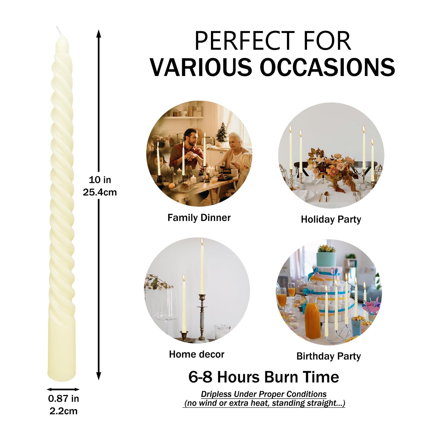 10 Inch Pale Yellow Spiral Taper Candle Set, 10 Pack Unscented Dripless Candlesticks for Dinner Party Wedding and Home Decoration
