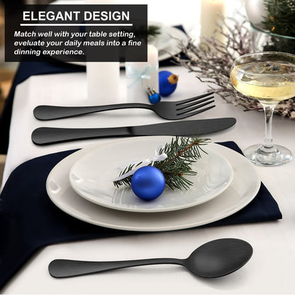 LIANYU 16-Piece Matte Black Forks and Spoons Silverware Set, 8 Dinner Forks and 8 Teaspoons, Stainless Steel Black Flatware Cutlery Set for Home Kitchen Hotel, Satin Finished, Dishwasher Safe
