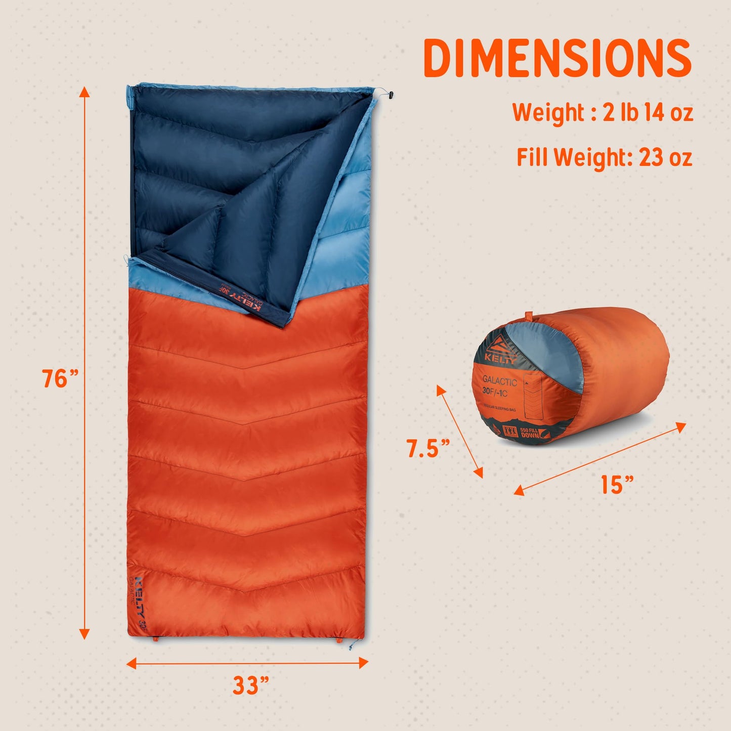 Kelty Galactic Down 30 Degree Sleeping Bag, 550 Fill Power RDS Trackable Down, Backpacking and Camping, Zip Together for 2P Sleeping Bag (Rooibos Tea)