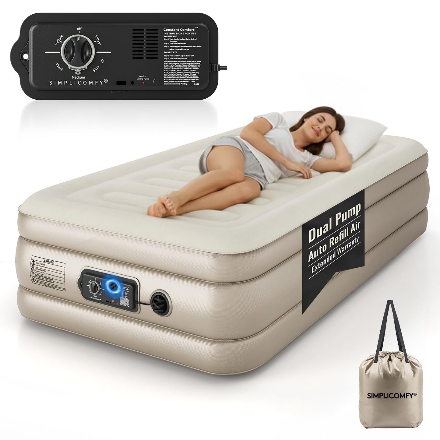 Simpli Comfy Twin Air Mattress with Built-in Patented Constant Comfort Dual Pump, 18" Raised Blow-up Colchon Inflable Mattress, Three Adjustable Firmness Settings, Self-monitoring Air Retention System