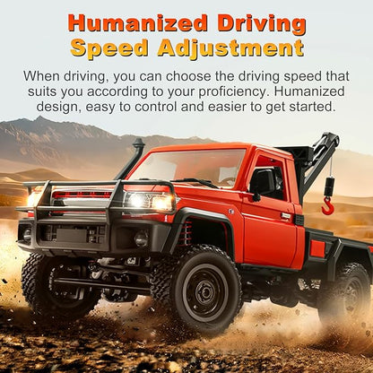 RC Crawler 1:12 Scale MN82 New Upgrades MN82-T RC Crane Truck 4WD LC79 Land Cruiser Rock Crawler with Lights Speed Adjustment Crane Tires All Terrain Wrecker for Teens Adults(Red)