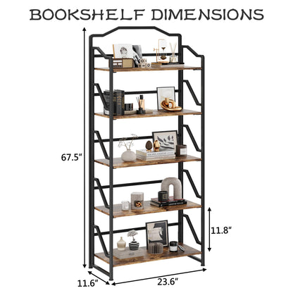 JSB 5 Tier No Assembly Folding Bookshelf, Foldable Storage Bookcase for Home Office, Space-Saving Storage Shelf for Living Room, Bedroom (Rustic Brown, 5-Tier)