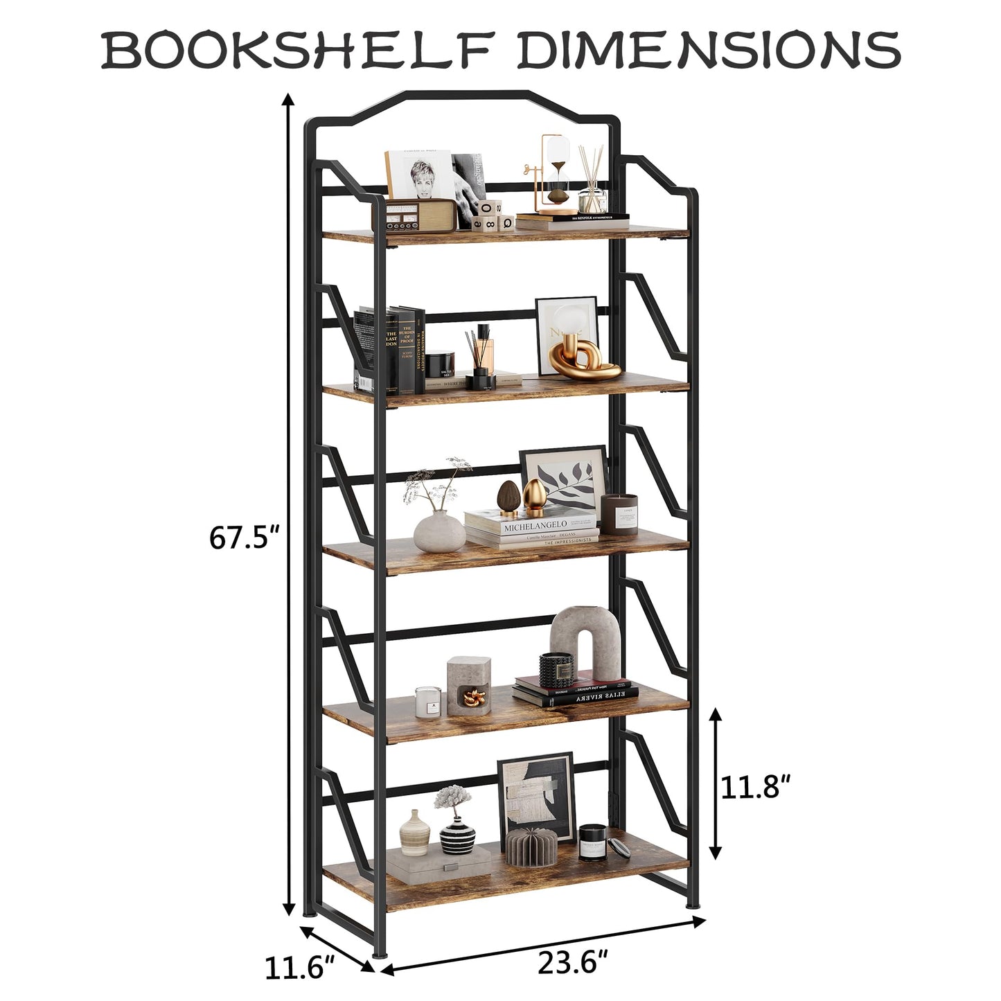 JSB 5 Tier No Assembly Folding Bookshelf, Foldable Storage Bookcase for Home Office, Space-Saving Storage Shelf for Living Room, Bedroom (Rustic Brown, 5-Tier)