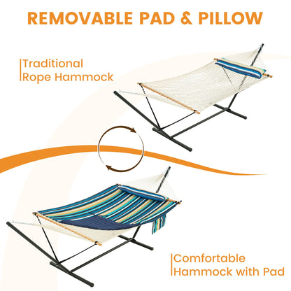 Lazy Daze Hammocks 2 Person Portable Hammock with 12FT Stand, Double Hand Woven Cotton Rope Hammock with Detachable Quilted Pad & Pillow for Outside, 450lb Capacity, Beach Stripes