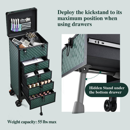 Yueieoun Nail Salon Cart with 4 Drawers,Rolling Makeup Train Case for Beauty,Cosmetology Case on Wheels Trolley Cart,Lockable Organizer Travel Case for Manicure/Face Painting/Hairstylist,DARK GREEN