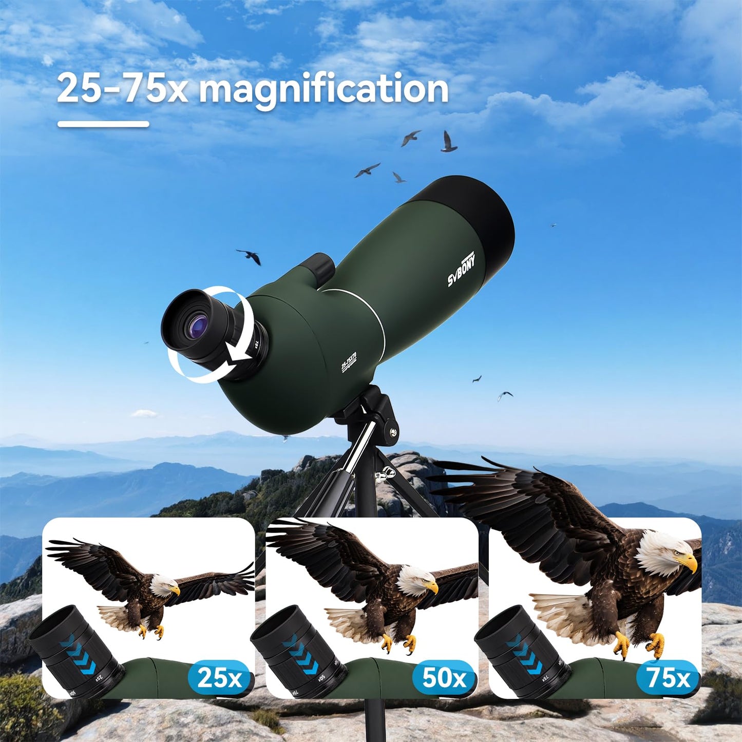 SVBONY SV28 Spotting Scope with Tripod & SC002 WiFi Camera for Digiscoping, Waterproof & Fofproof, 25-75x70mm Long Range Spotter Scope for Target Observing, Bird Watching