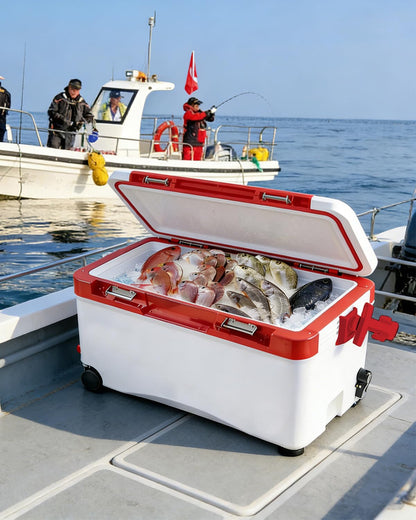 38QT Fishing Seat Box, Outdoor Insulated Cooler with Adjustable Elevating Legs & Drain Plug, Heavy Duty Portable Seat for Uneven Ground, Suitable for Fishing, Camping, Picnics, Outdoor Activities