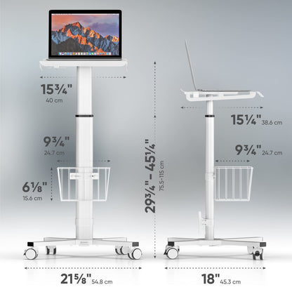 ONKRON Mobile Laptop Cart on Wheels, Load up to 17.6 lbs, Standing Rolling Desk Adjustable Height, Portable Workstation for Laptop/Small Computer Cart for Couch, Home, Office White