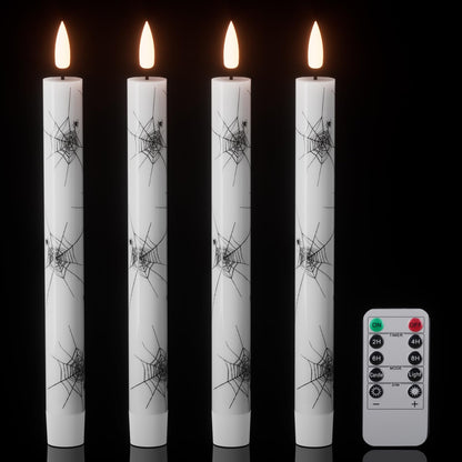 Wondise Halloween Flameless Taper Candles with Remote & Timer, 4 Pack Spider Web Halloween Candles Battery Operated Real Wax LED Flickering Candlestick for Halloween Table Decorations, 02020051