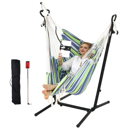 ZEYU Hammock Chair with Stand Double Hammock Chair Bohemian Style with Tassel Mobile Phone Support Manual Adjustable Swing Indoor and Outdoor Garden Porch with Floor mat Reclining Capacity 400 pounds