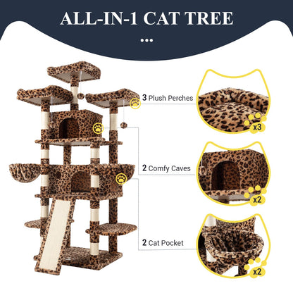 Allewie 68 Inches Cat Tree/House and Towers for Big Feline/Scratching Post/Multi-Level Large Kitty Climbing Tree with Condo/Leopard Print