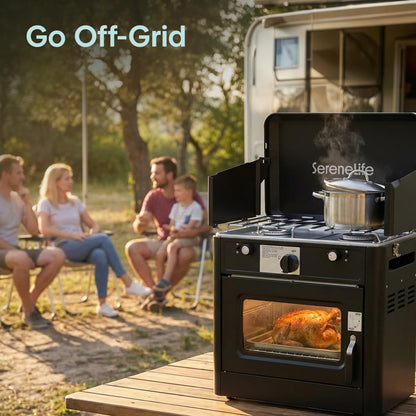 Camping Oven 3 in 1 Stove Oven Combo, Outdoor Camp Oven with 2 Burner Cooking, Piezo Ignition and Temperature Control, Compact RV, Camping and Tailgating