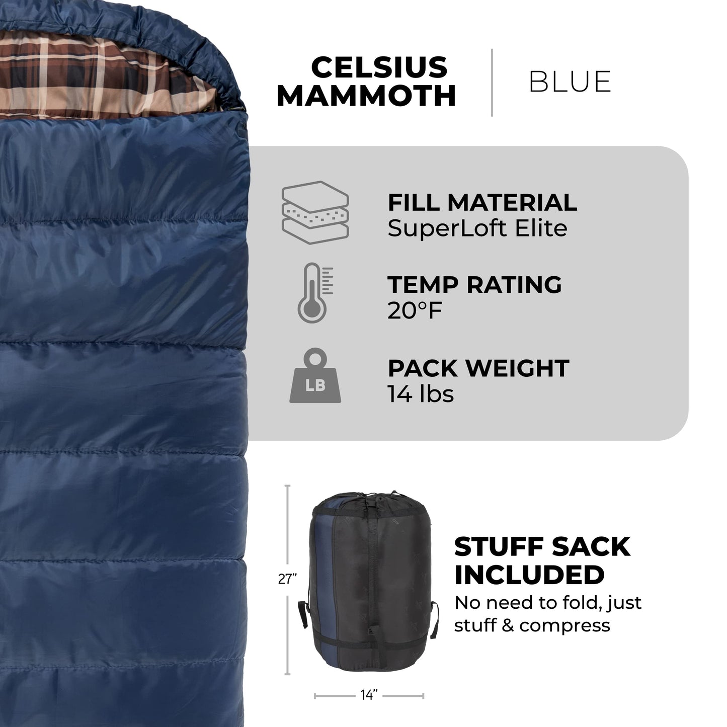 Teton Mammoth, 20 Degree Double Sleeping Bag, A Warm Bag The Whole Family can Enjoy. Great for Camping, Hunting and Base Camp. Compression Sack Included