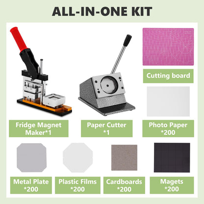 Saladulce 2x2inch Square Magnet Maker Machine Kit DIY Fridge Magnets Making Kit with 200 Sets Supplies&100 Papers, 50x50mm DIY Photo Magnet Making Machine Kit