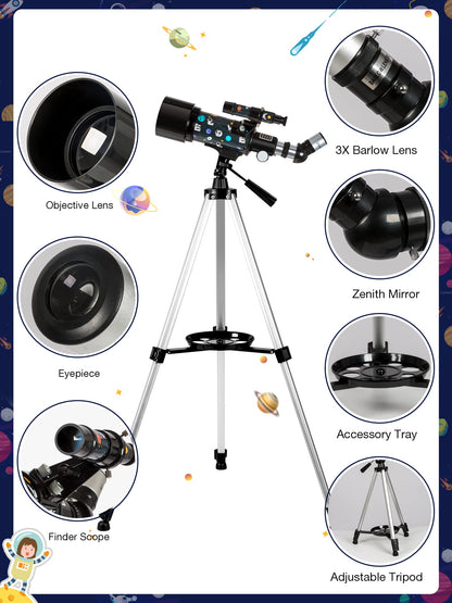 Telescope for Kids Adults Astronomy Beginners Over 8 Years Old, 70mm×400mm Aperture Astronomical Refractor Telescopes with Phone Adapter & Wireless Remote, Astronomy Space for Christmas Birthday