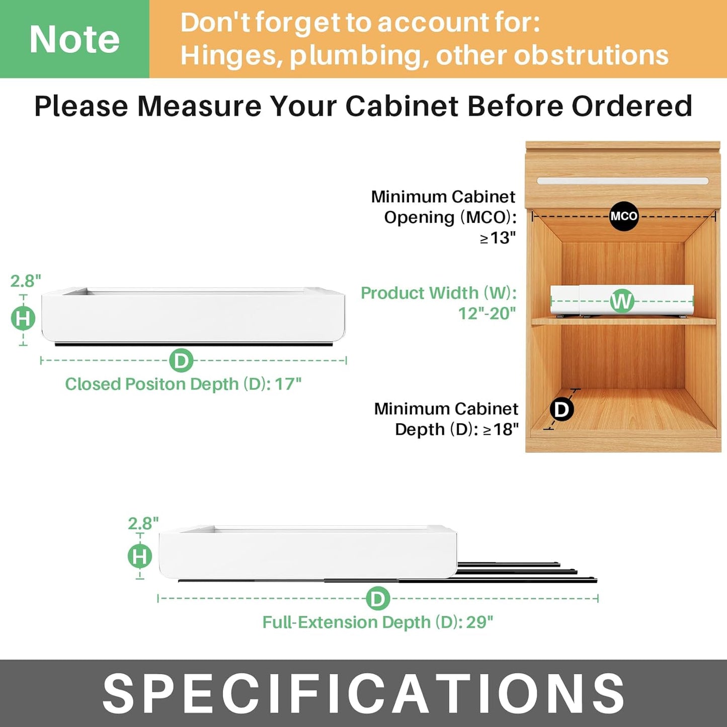 Skiennix Pull-Out Cabinet Organizer - Expandable Heavy-Duty Slide-Out Drawers (12"-20") for Kitchen Storage