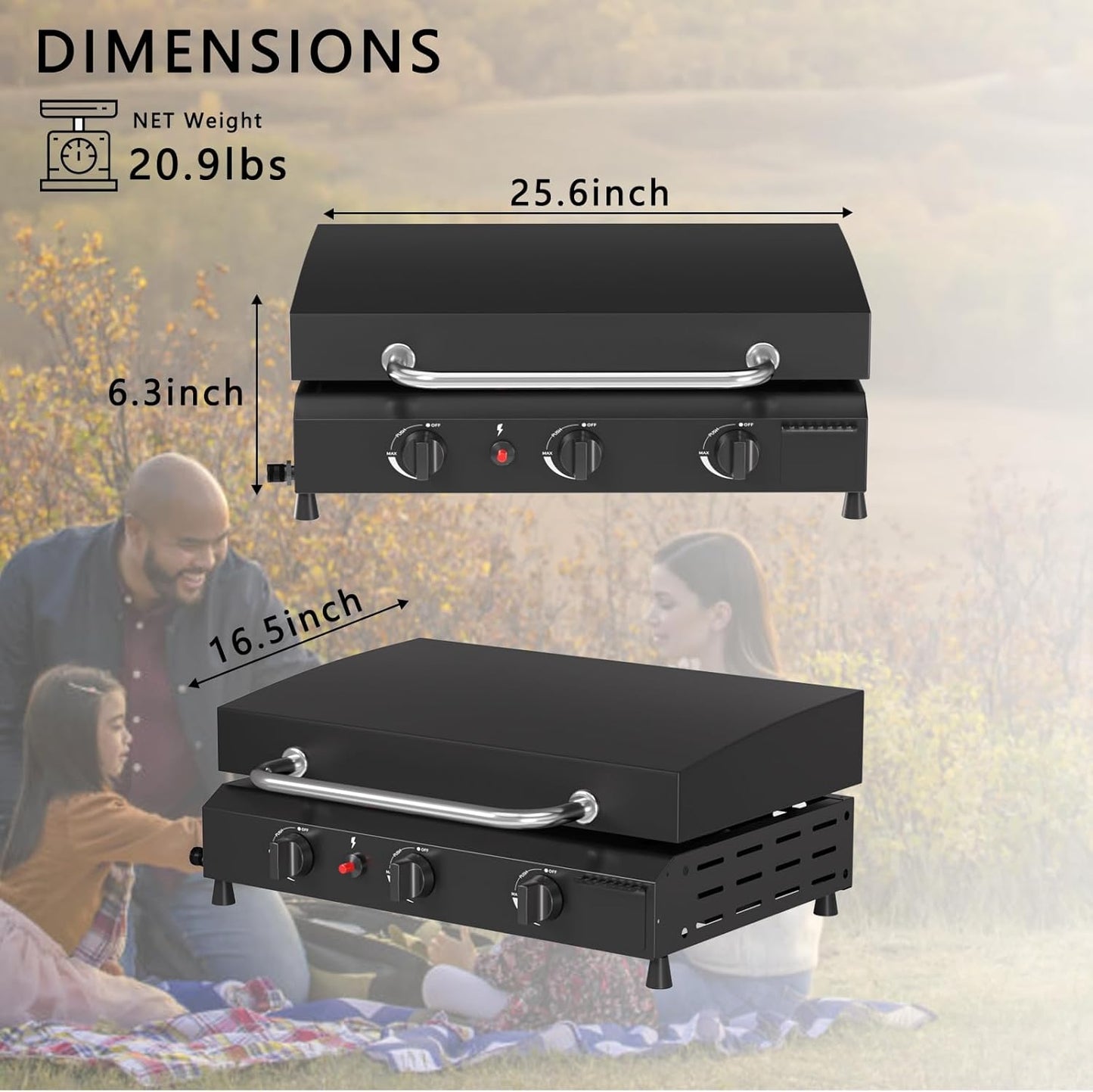 SKOK 23.3 Inch Gas Griddle - Portable Flat Top Grill with Hood for Camping & Tailgating, 45,000 BTU Output