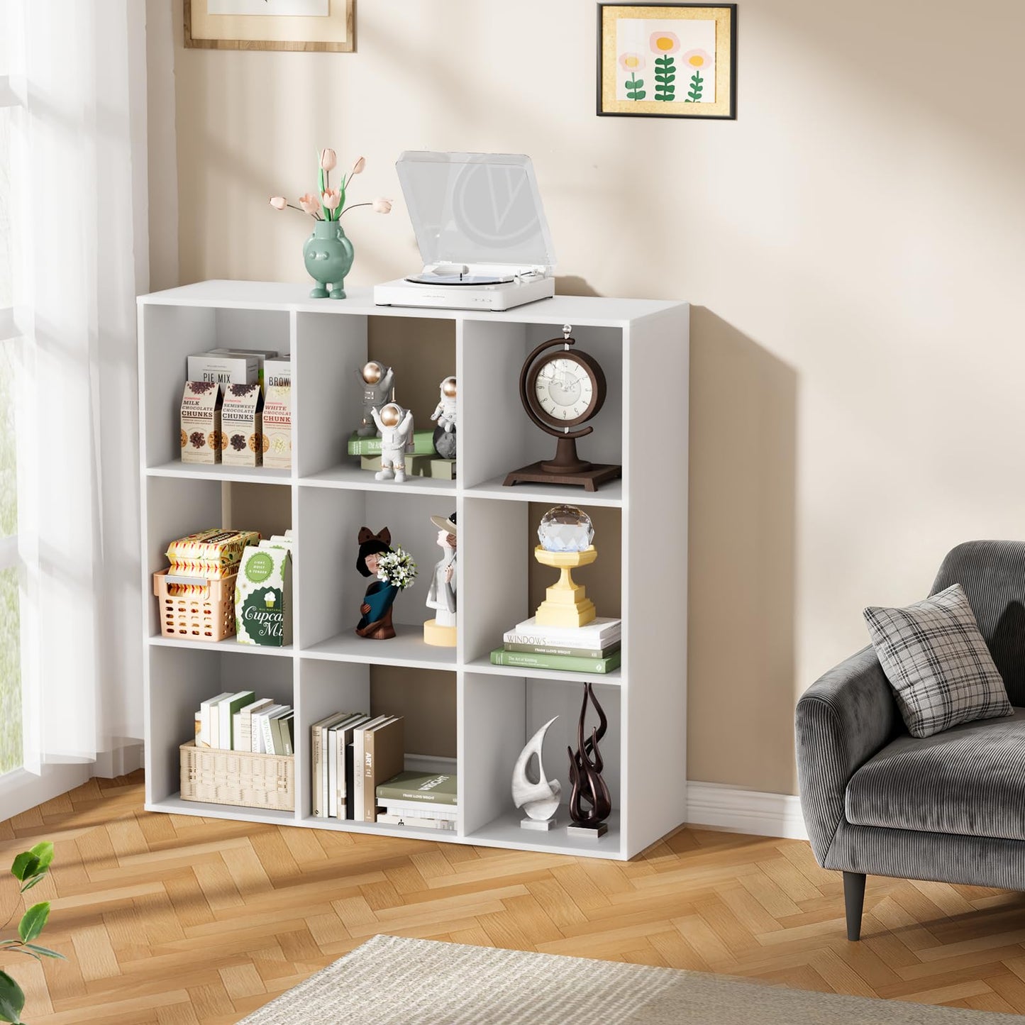 Nestwise 9 Cube Storage Organizer, Free Standing Display Shelf with Open Cubes, Floor Standing Book Shelf Bookcase with Storage for Home Office, Living Room, Bed Room (White, 9-Cube)