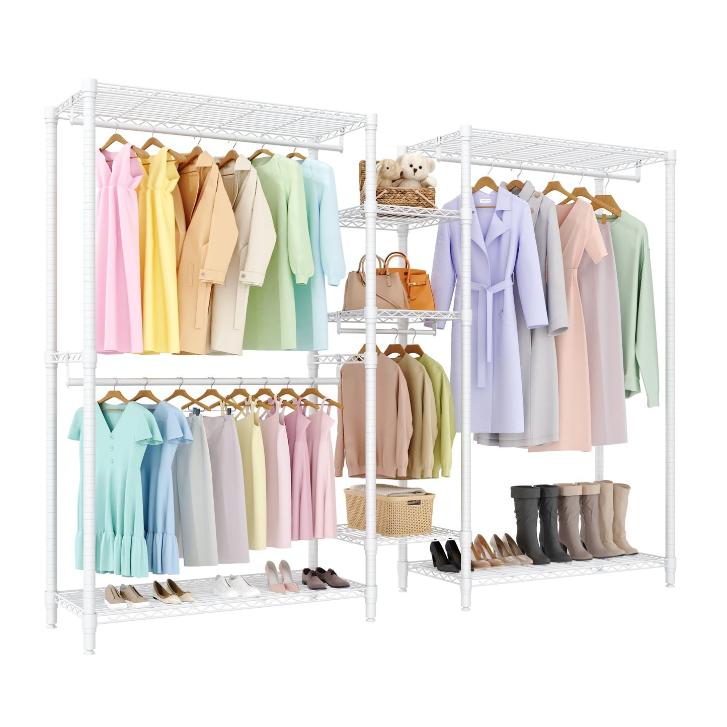 GarveeTech Heavy Duty Garment Rack L Shaped Clothes Rack for Corner,Load 1631LBS,Freestanding Portable Wardrobe Closet with 7 Adjustable Shelves, 4 Hanging Rods for Home,70.5" H x 85.4" L x 17.4" W