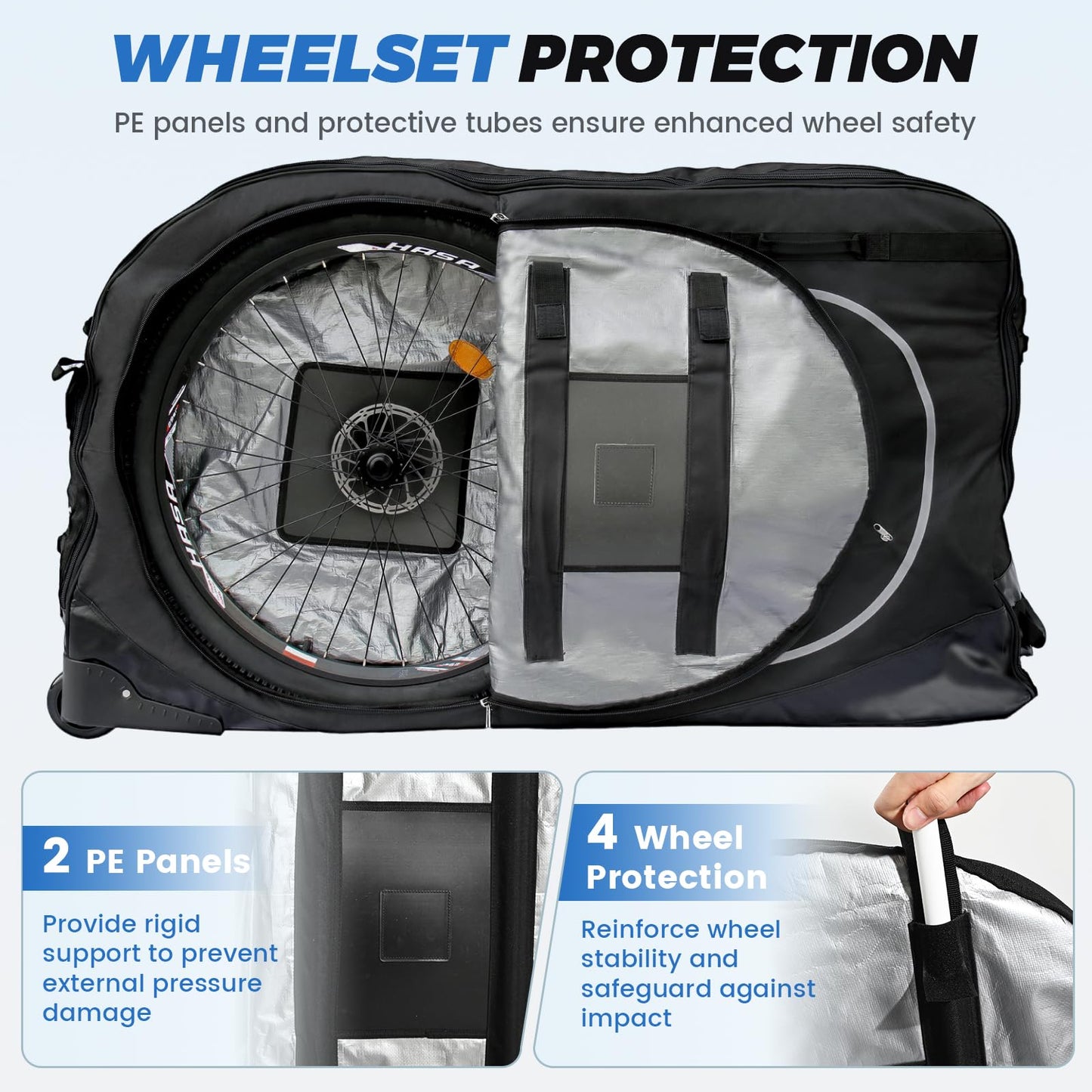 Exquimac Bike Travel Case & Bike Travel Bag - Bicycle Pro Transport Equipment for Air Flights - Oversized Capacity, Waterproof Fabric with 4 Aluminum Support Bars, Wheel Protection Tubes & YKK Zippers