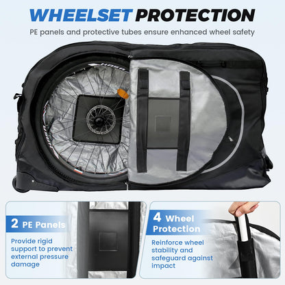 Exquimac Bike Travel Case & Bike Travel Bag - Bicycle Pro Transport Equipment for Air Flights - Oversized Capacity, Waterproof Fabric with 4 Aluminum Support Bars, Wheel Protection Tubes & YKK Zippers