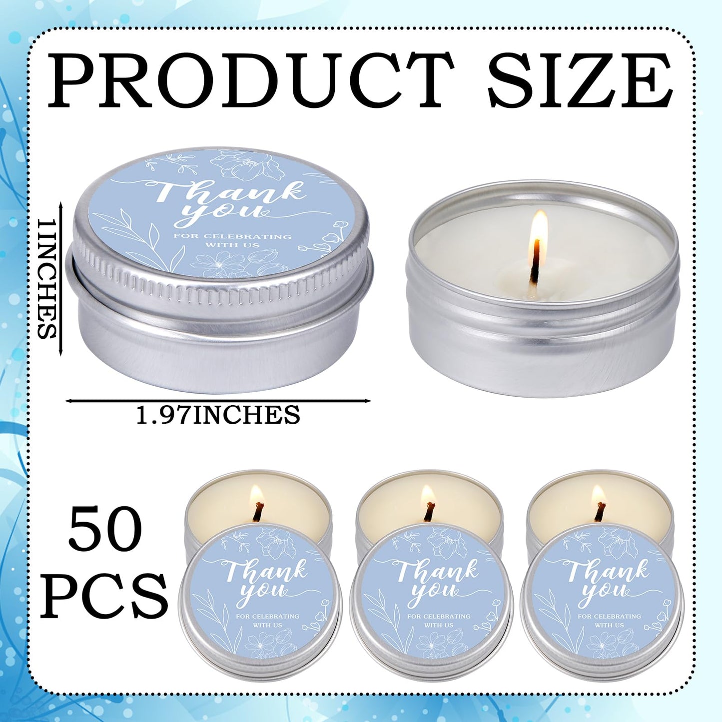 MTLEE 50 Pcs Blue Floral Wedding Thank You Candles Gifts for Guests, Bridal Shower Baby Shower Favors, 1 oz Mini Lavender Scented Soy Wax Candles Tin Bulk for Birthday Aromatherapy Party Favors