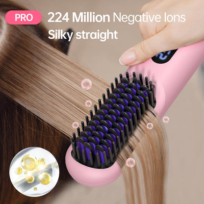 Cordless Hair Straightener Brush-Portable Straightening Comb, 9600mAh Batt, Plasma Tech, 9 Temp-Settings & LED Display, for Travel & Home(Pink)