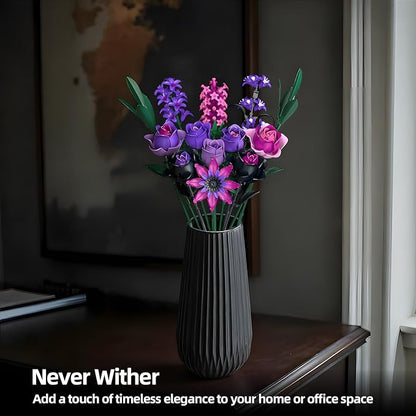 Purple Rose Flowers Bouquet Building Set - Valentines Decor Compatible with Lego Flowers for Adults Women - Gothic Home Office Table Centerpiece Decor Halloween Christmas Valentine's Gift
