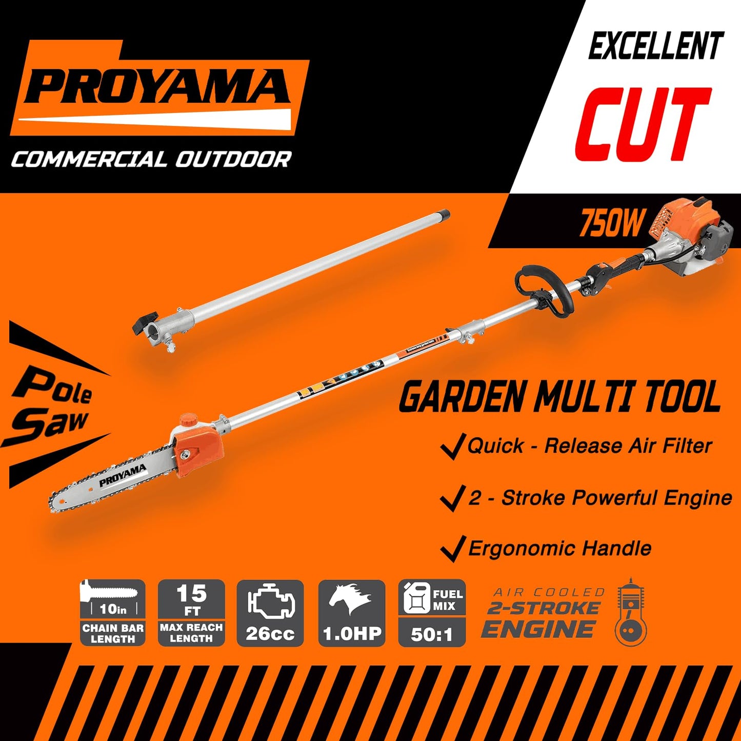 PROYAMA 26cc 6 in 1 Multi Functional Combo Kit, 2 Cycle Gas Powered Hedge Trimmer, Weed Eater Wacker, String Trimmer, Brush Cutter, Edger with 3.3FT Extension Rod