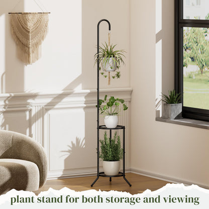 PULIJIAJU 2-tier Hanging Plant Stand Indoor and Outdoor, Space-Saving Iron Plant Shelf, 3 Potted Flower Pot Stand ,Planter Holder for Bedroom Balcony Living Room Patio Garden(Hook Style)