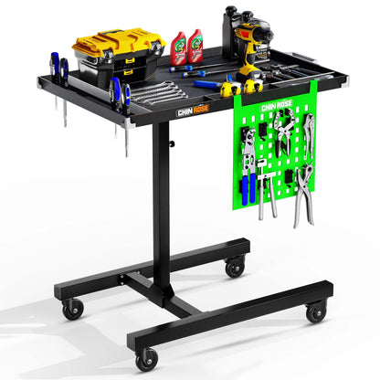Adjustable Height Mobile Work Table with Rolling Wheels, Rolling Tray Table for Mechanics, Garages, Repair Shops, Warehouse, Workshop, and DIY