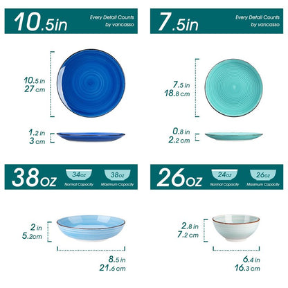 vancasso Bonita Stoneware Dinnerware Sets 24 Pieces Service for 6, Hand-Painted Spiral Dishes Set, Ceramic Kitchen Plates and Bowls Sets-Microwave and Dishwasher Safe (Blue,24 Pcs)