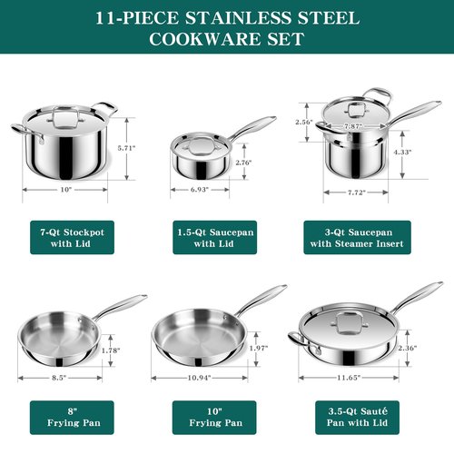 EWFEN Pots and Pans Set, 3 Ply 11 Piece Stainless Steel Cookware Set, Oven Dishwasher Safe | Induction Compatible Frying Pans, Saucepans, Saute Pan & Stock Pot, PFOA Free Kitchen Skillet