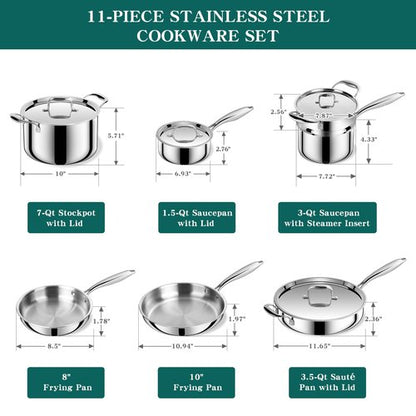 EWFEN Pots and Pans Set, 3 Ply 11 Piece Stainless Steel Cookware Set, Oven Dishwasher Safe | Induction Compatible Frying Pans, Saucepans, Saute Pan & Stock Pot, PFOA Free Kitchen Skillet