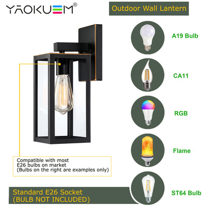 YaoKuem Outdoor Wall Lantern, E26 Medium Base, Metal & Glass, 13 inch, Oil Rubbed Bronze Finish, Model YK-WL007-ORB-1PK