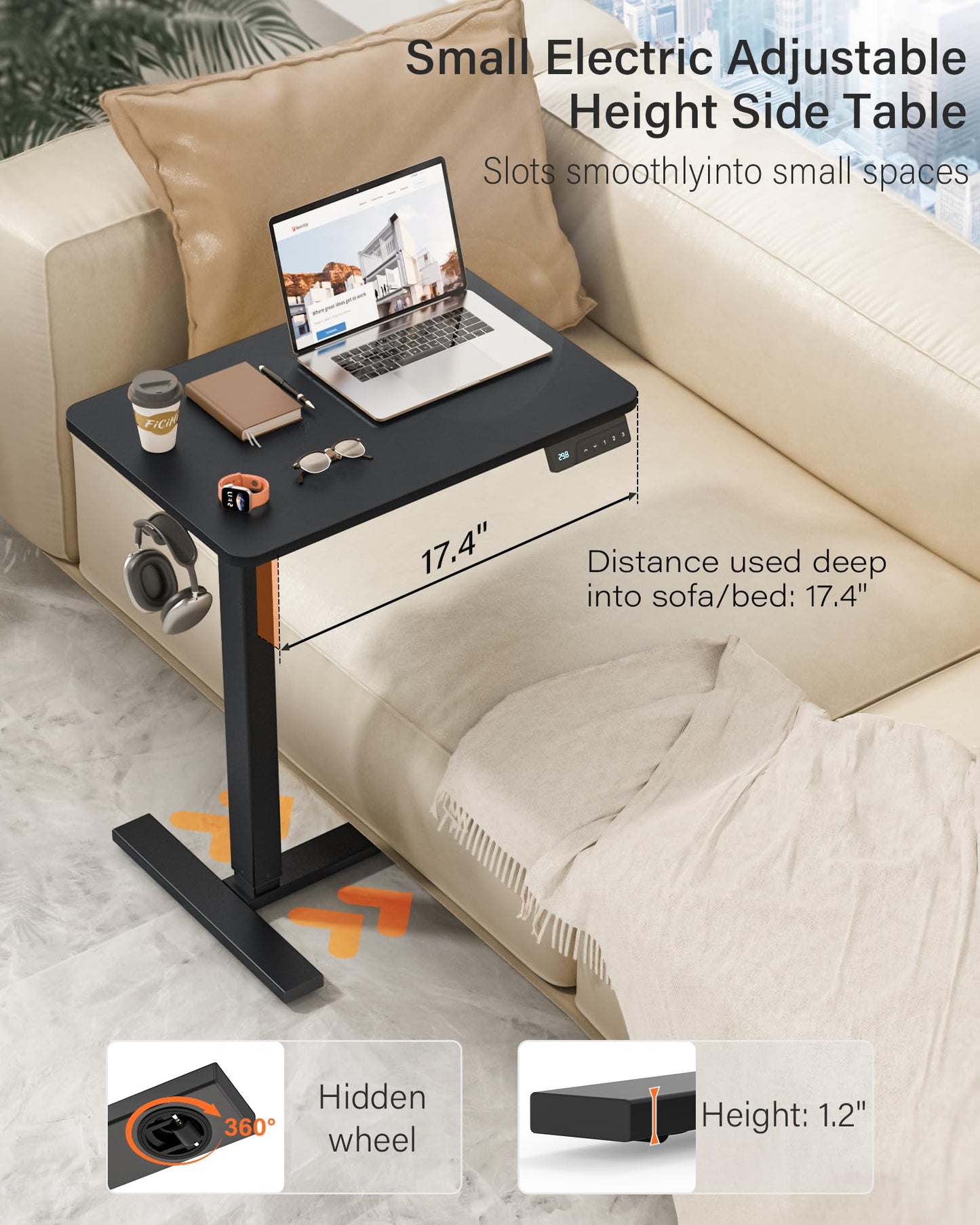 FiCiHi Electric Standing Desk with Wheels – Adjustable Height Mobile Sit-Stand Laptop Table, Portable Rolling Small Computer Workstation for Home Office & Bedside Use (24"x16", Black)