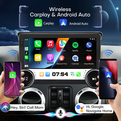 Radio for Jeep Wrangler JK 2007-2018 Compass Grand Cherokee Dodge Ram 1500 2500 3500 2009-2012 Radio Upgrade 8Core 4+64G CarPlay Android Auto 2K 10.1 Inch QLED Screen Bluetooth AHD Backup Camera SWC