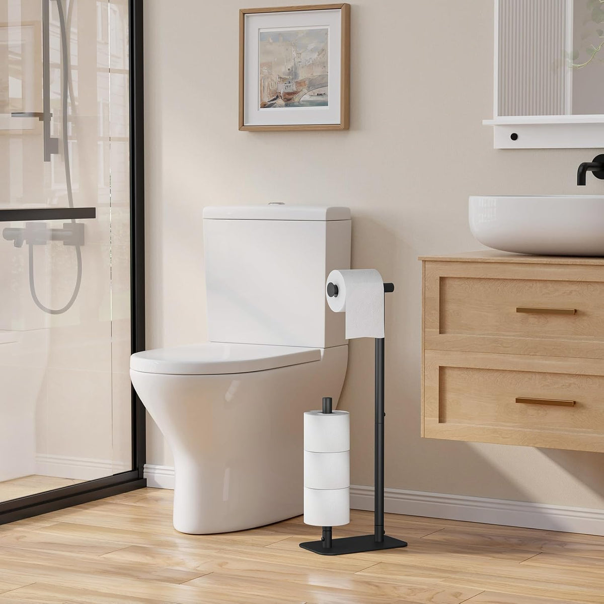 Kitsure Toilet Paper Holder - Free Standing, Rustproof Design for 4 Rolls, Non-Slip Stable Base | Black Medium
