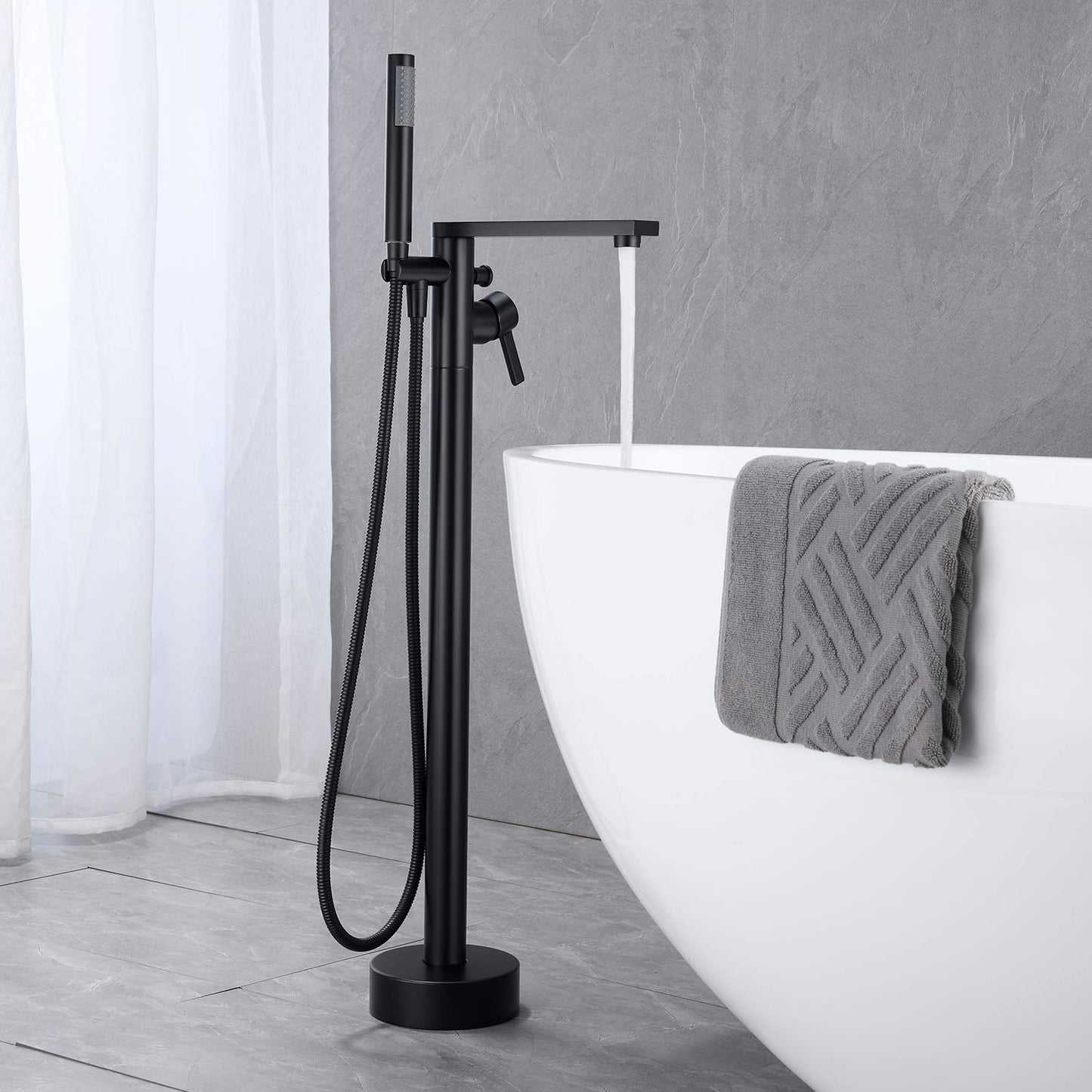 Wowkk Freestanding Bathtub Faucet Tub Filler Black Floor Mount Brass Single Handle Bathroom Faucets with Hand Shower