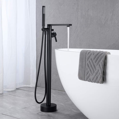 Wowkk Freestanding Bathtub Faucet Tub Filler Black Floor Mount Brass Single Handle Bathroom Faucets with Hand Shower
