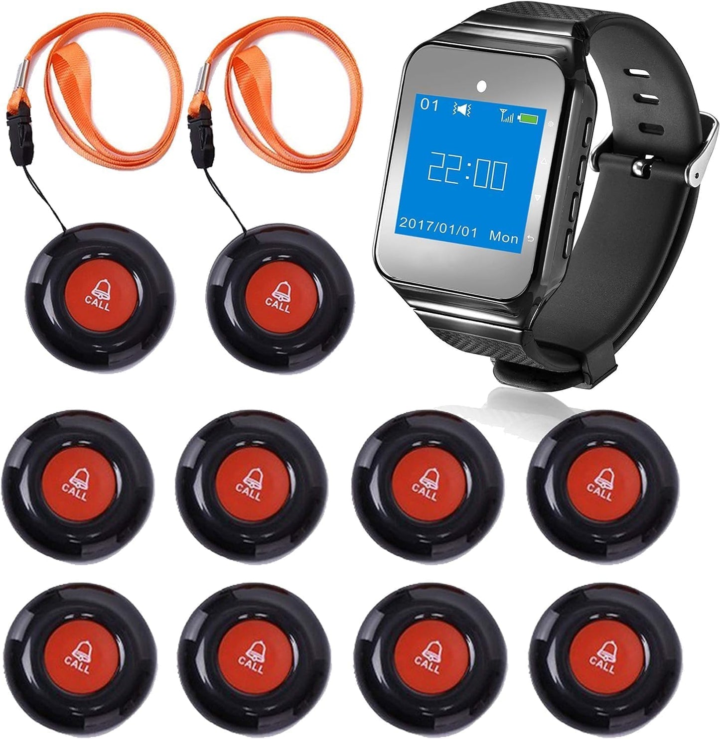 CallToU Caregiver Wireless Smart Call Button - 500+ ft Vibration Nurse Calling Alert System for Elderly at Home/Clinic/Medical Institution/Nursing Home - 1 Wrist Pager 10 SOS Call Buttons