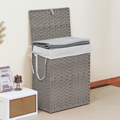 Elevon 90L Laundry Basket with Lid, Hand-Woven Pp Rattan Laundry Hamper with Compartments & Handles, Foldable, Large Capacity Clothes Basket with Removable Liner for Bathroom, Light Gray
